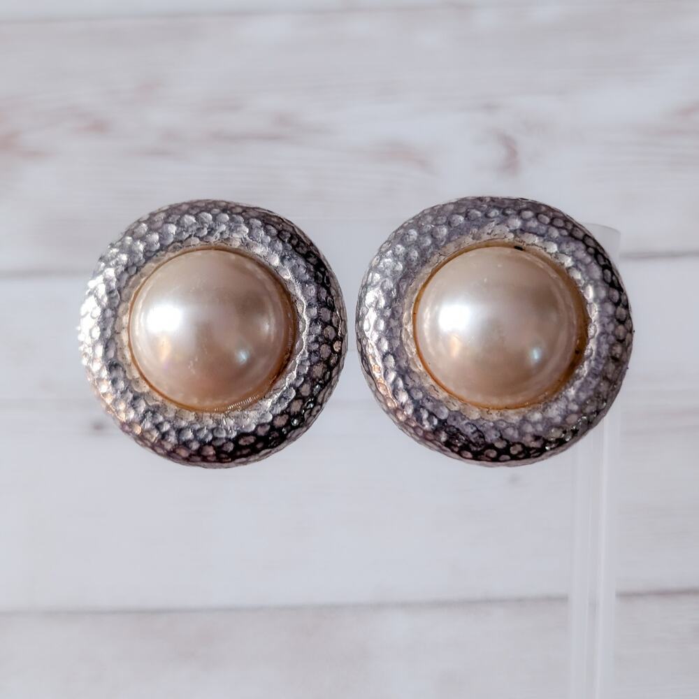 Vintage Clip On Earrings Silver Tone Halo Faux Pearl Very Large - Fair Condition